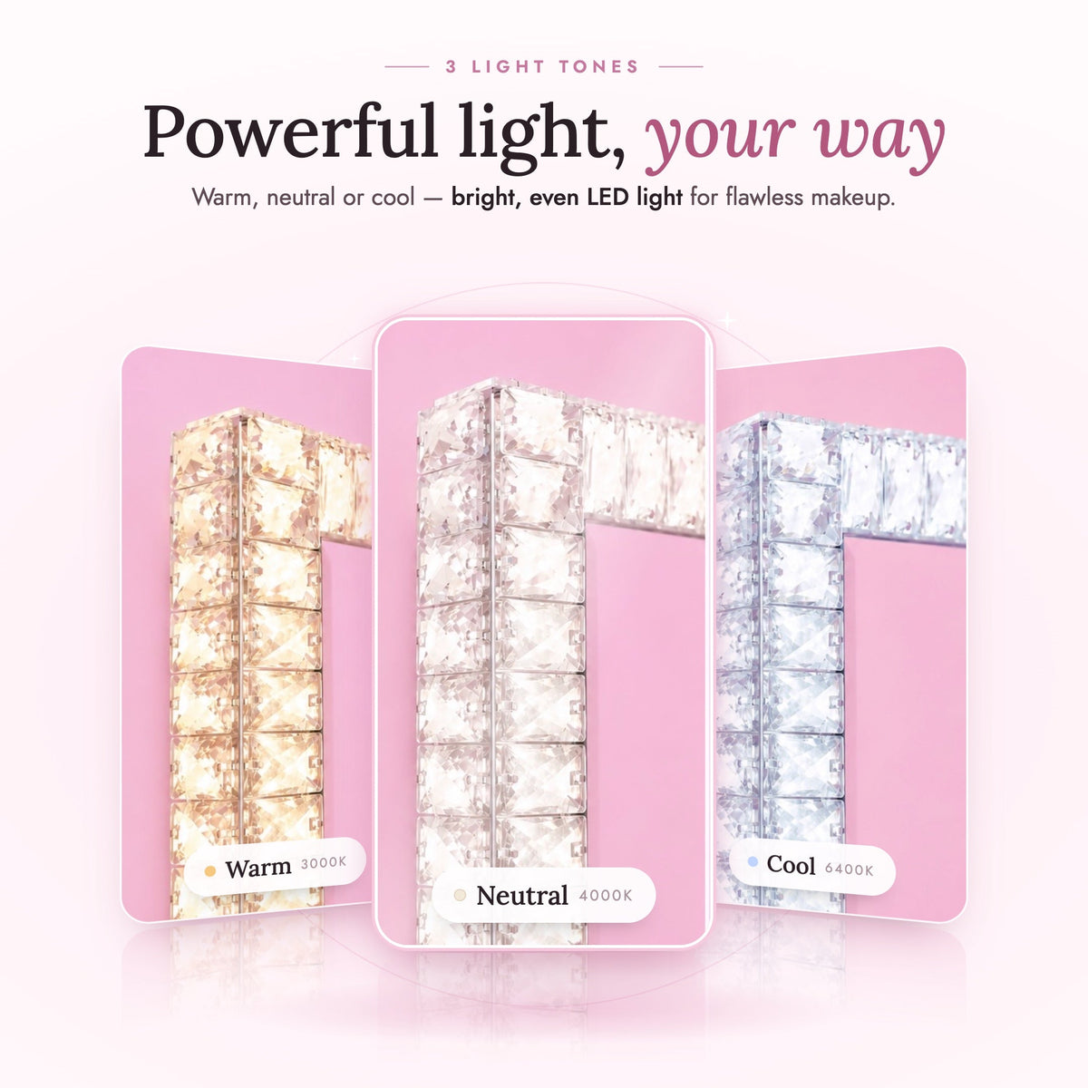 Elysian Mirror - 3 light tones: warm 3000K, neutral 4000K, cool 6400K