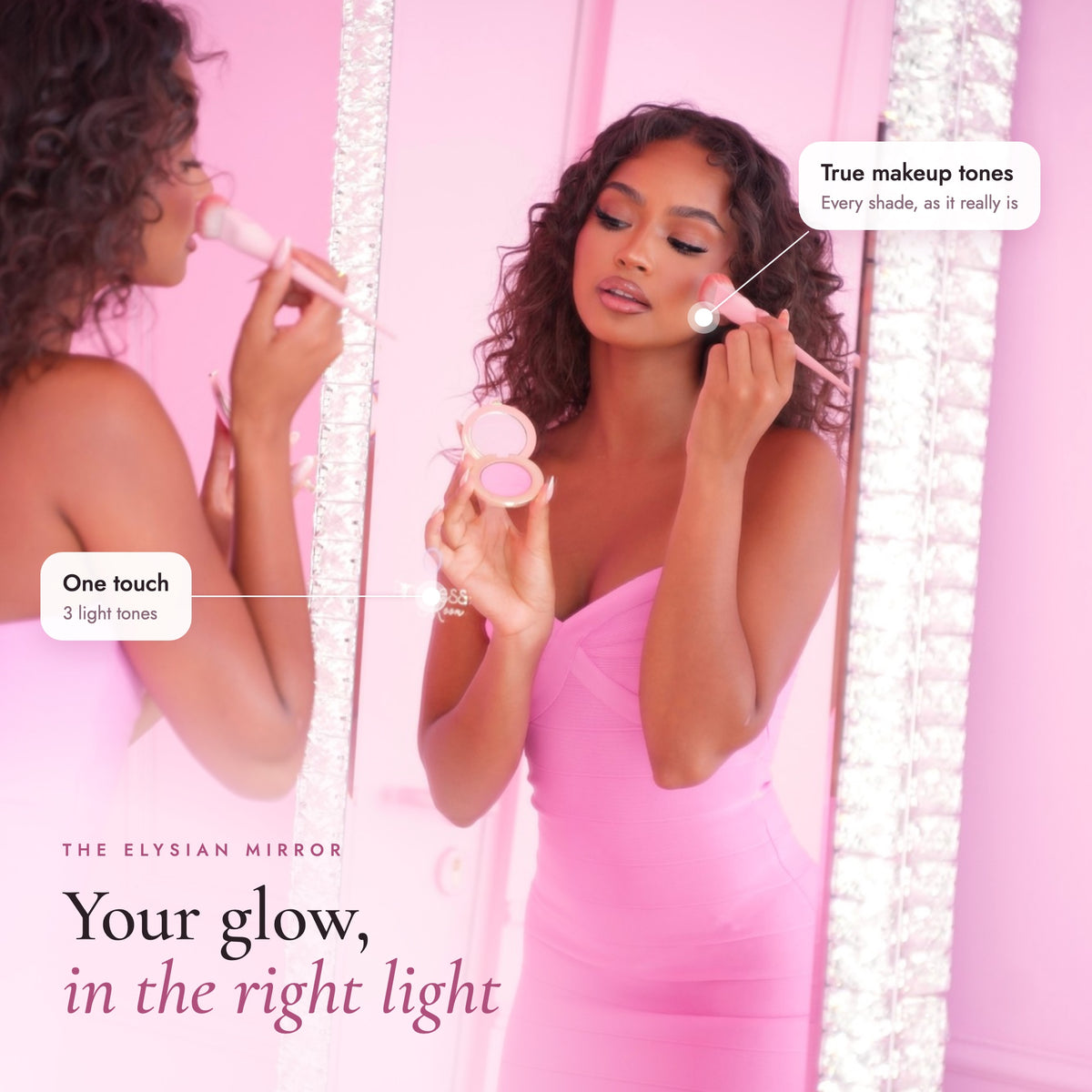 Elysian Mirror - your glow in the right light: true makeup tones, one touch on the logo for 3 light tones