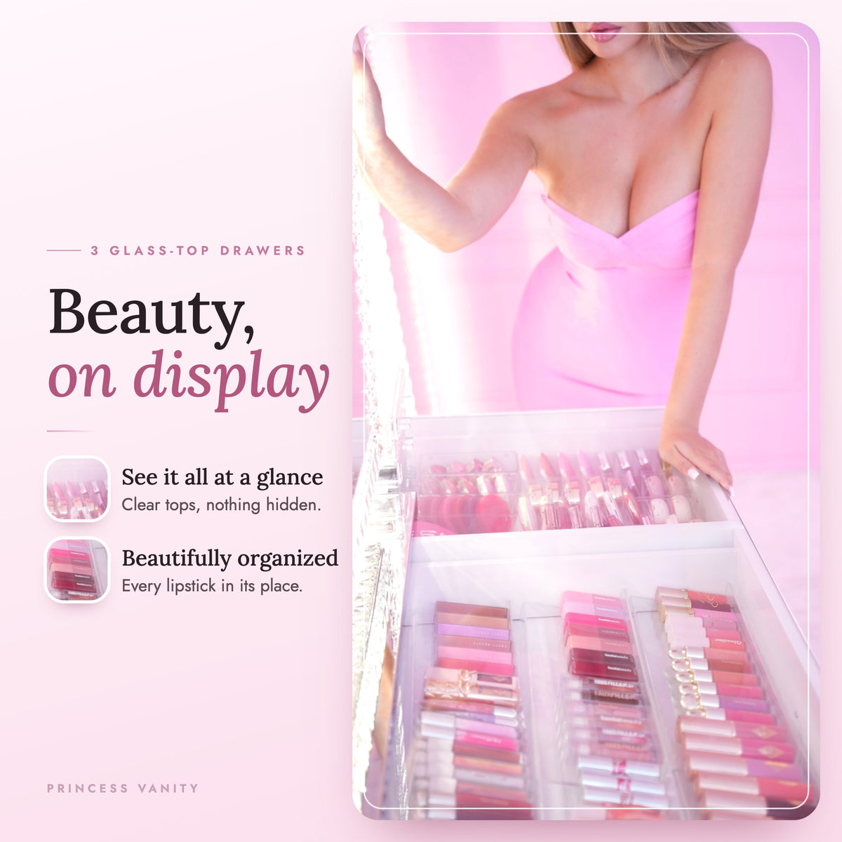 Princess Vanity - 3 glass-top drawers, your beauty on display