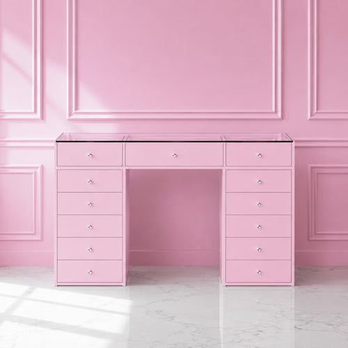 Pink Vanity - glossy pink makeup vanity with 13 drawers