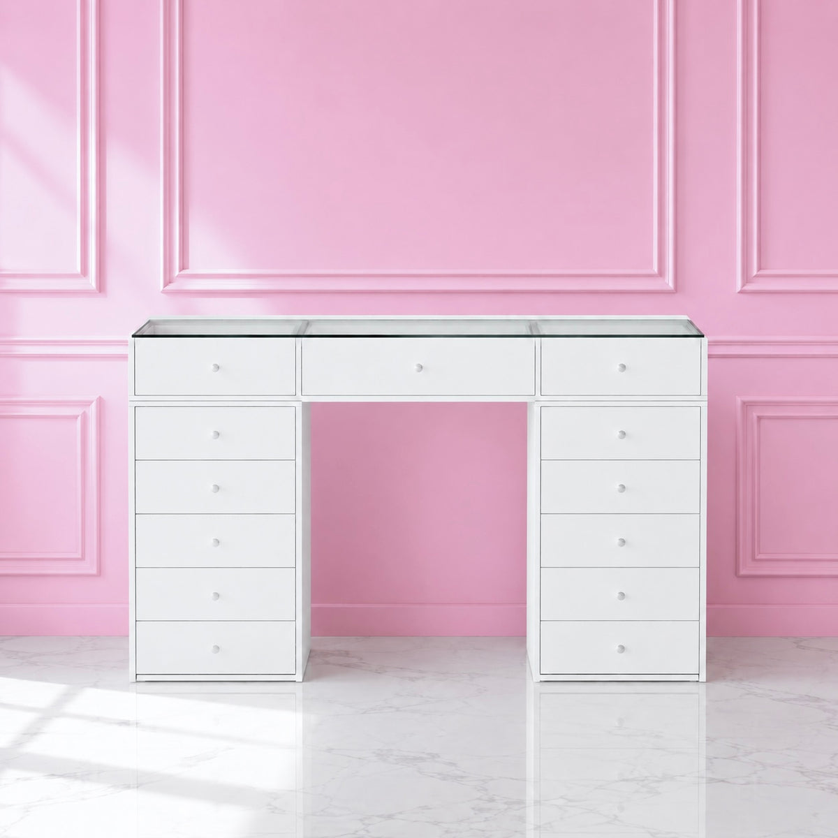 Princess Vanity - white glass makeup vanity with 13 drawers