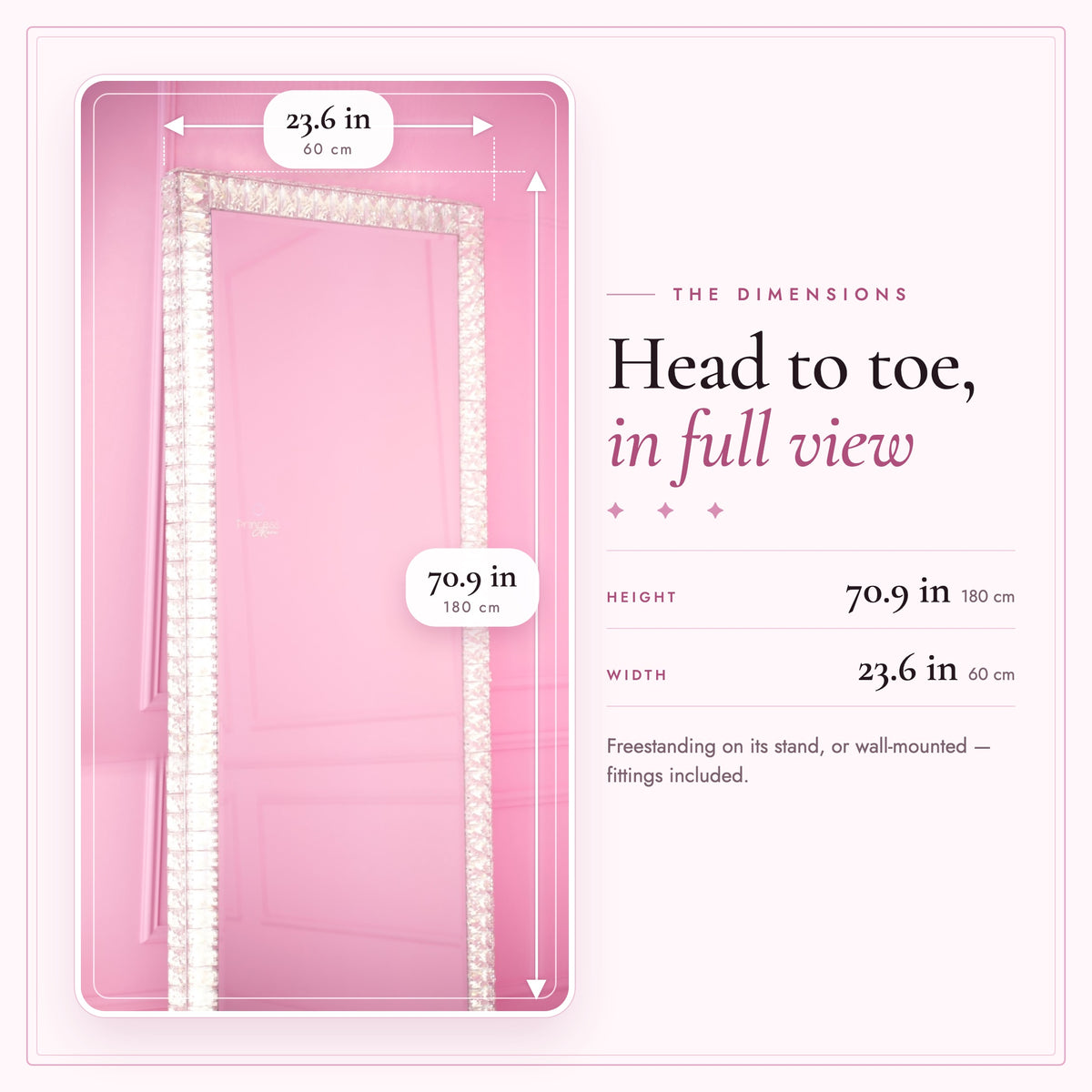 Elysian Mirror dimensions - 70.9 x 23.6 in (180 x 60 cm) full-length