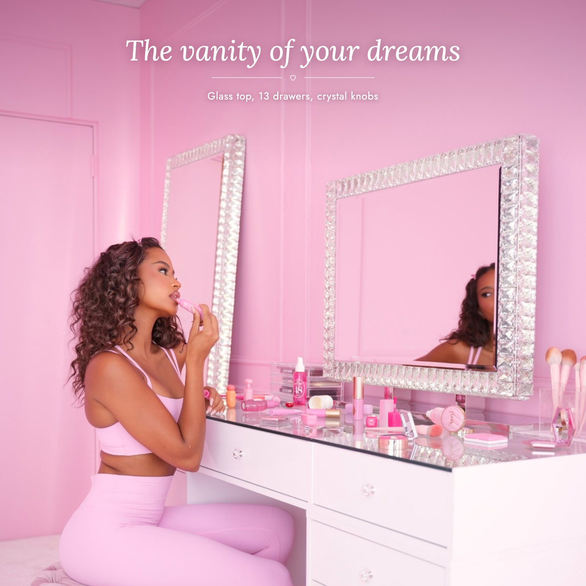 Princess Vanity - the vanity of your dreams: glass top, 13 drawers, crystal knobs